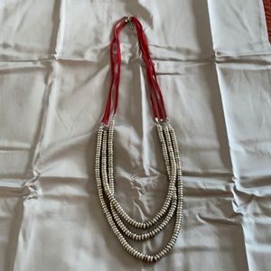 Cute Western Necklace, 18”long, red/silver colored beads